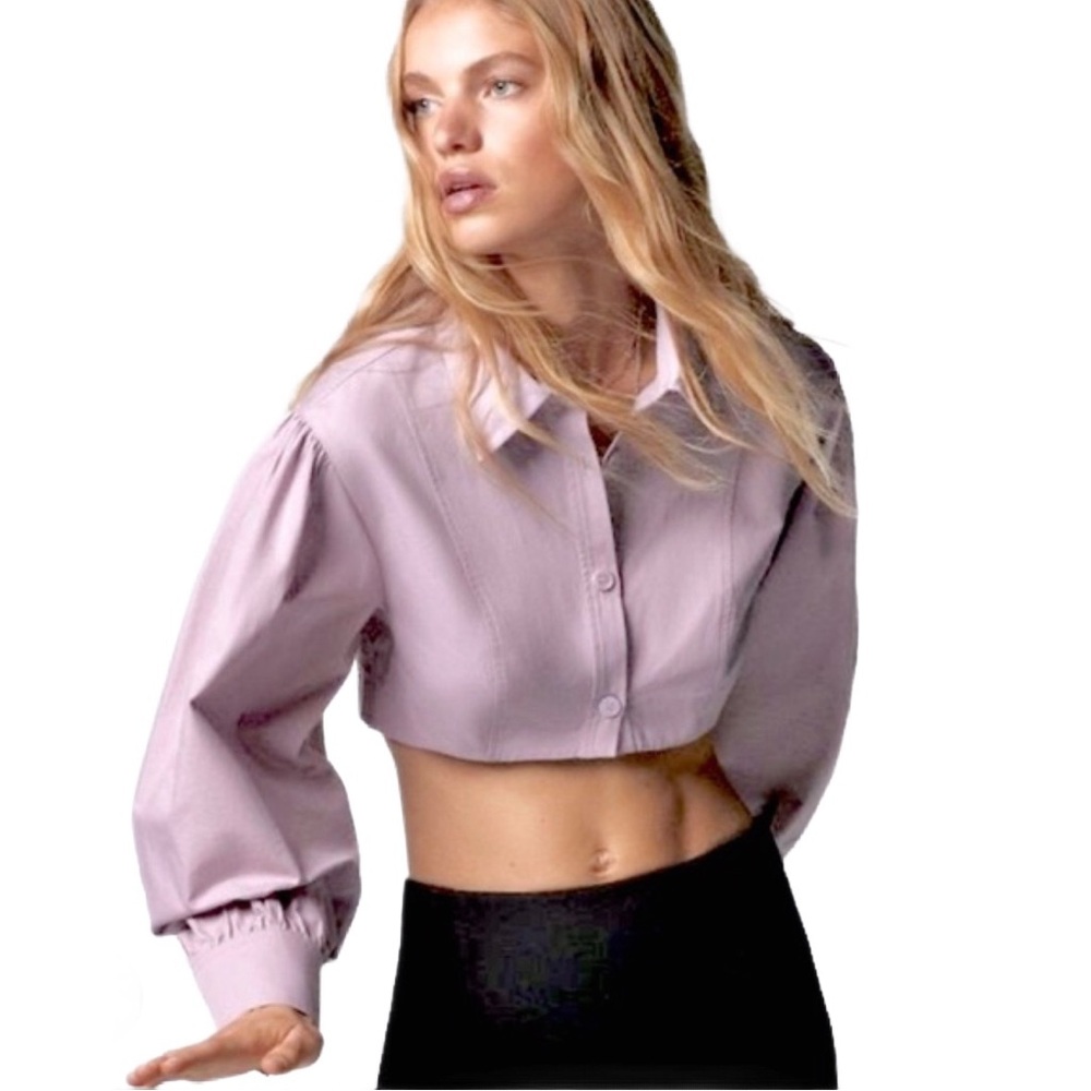 Zara NWT Lilac Voluminous Poplin long sleeved 100% Cotton cropped shirt, XS
